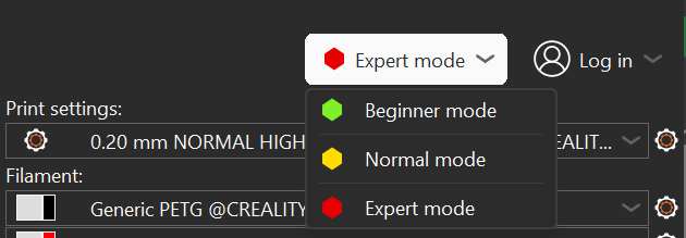 PrusaSlicer expert-mode dropdown