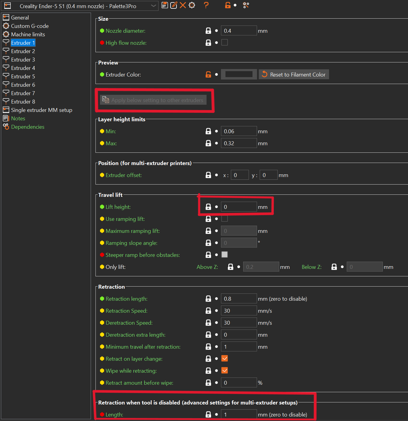 Extruder settings